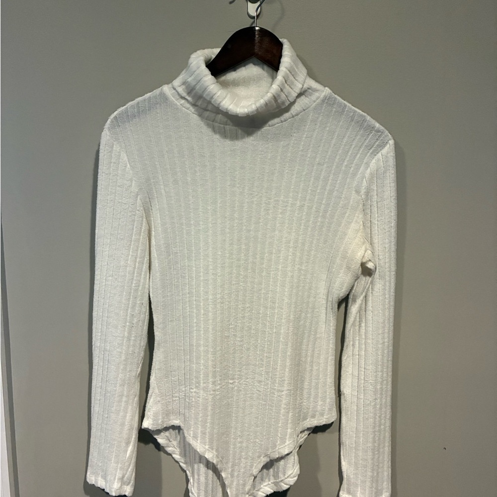 White Ribbed Turtleneck Bodysuit